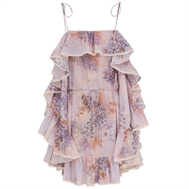Zimmermann Cascadian Ruffle Mini Kjole, Lilac Botanical Floral 